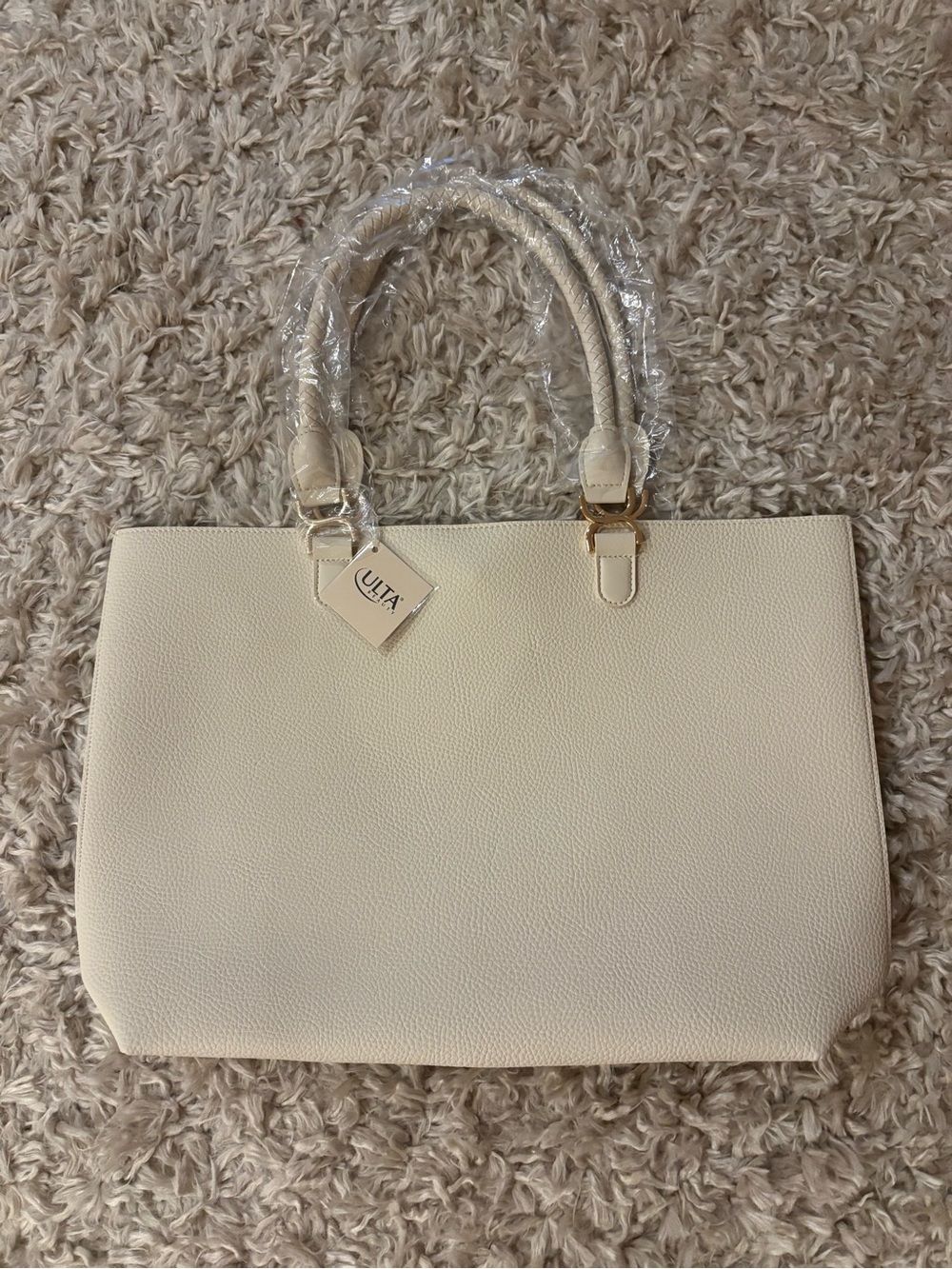 Ulta Beauty White Pebbled Tote Bag NWT Braided Handles Large Shopper